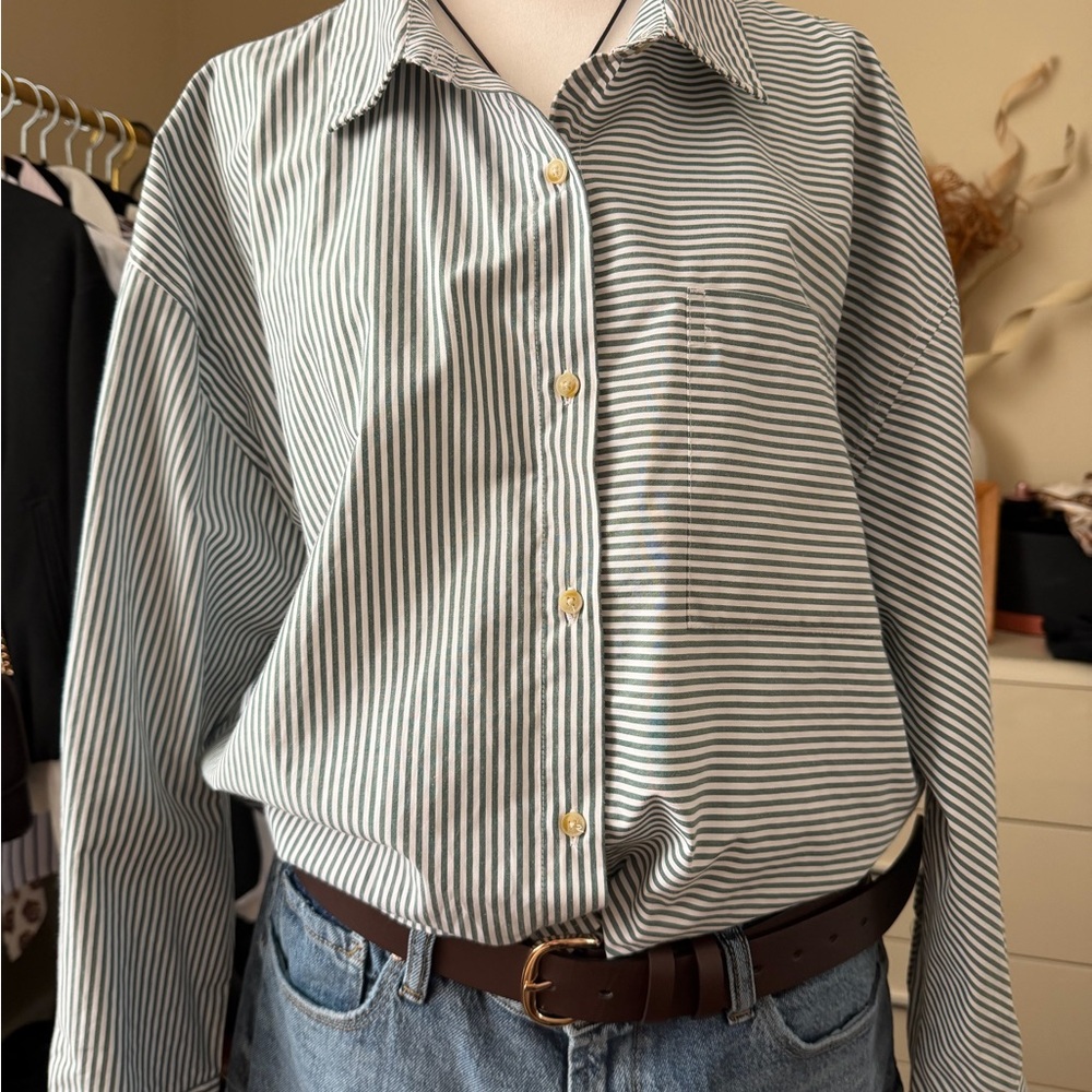 Scotch & Soda Green and White Striped Long Sleeve Button-Up Shirt